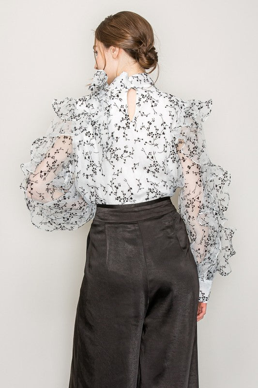 High Neck Long Sleeve Floral Print Frilled Blouse