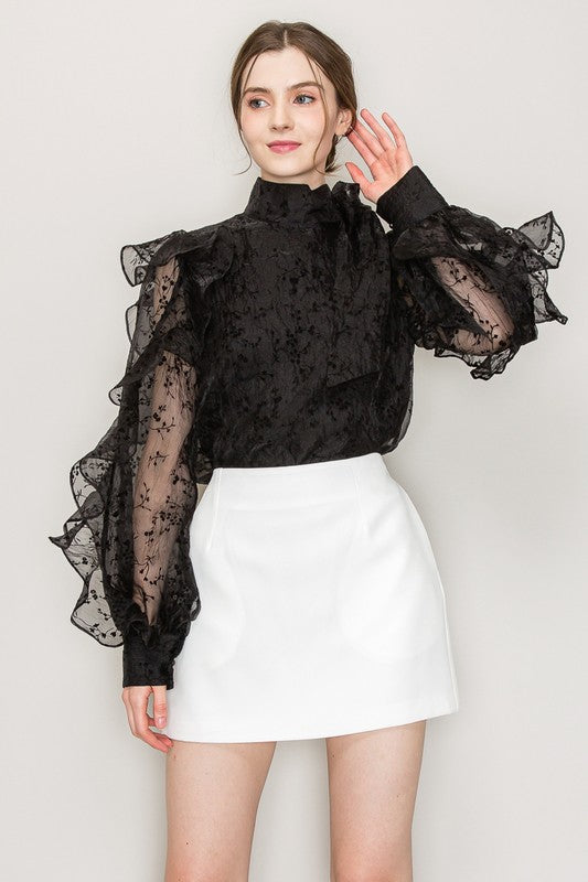 High Neck Long Sleeve Floral Print Frilled Blouse