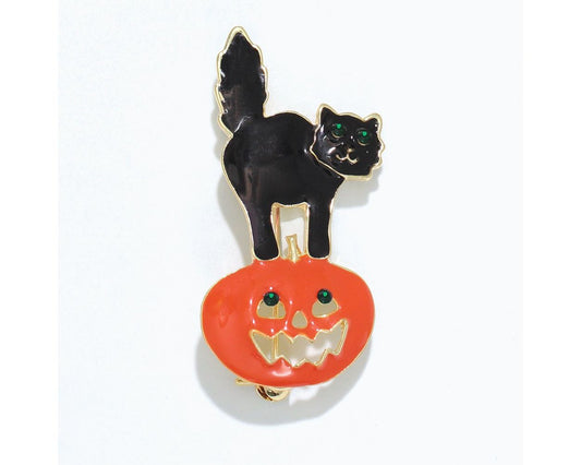 Enamel Cat and Pumpkin with Crystals Pin