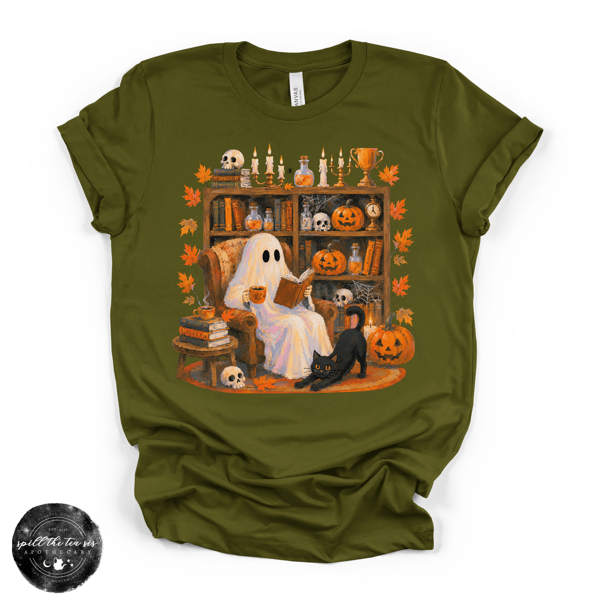 Cozy Ghost Reading Tee | Cute Book Lover Halloween Graphic T-Shirt