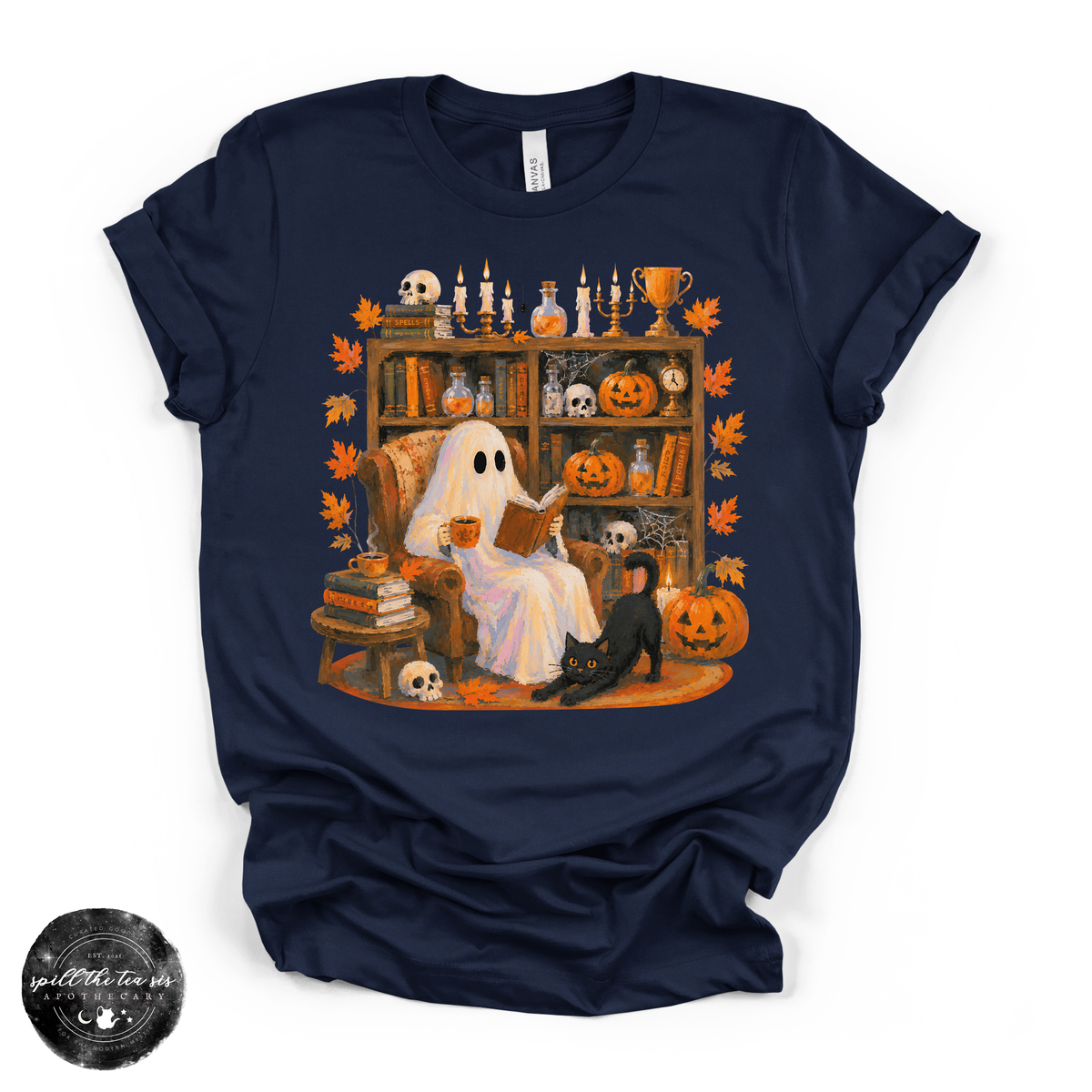 Cozy Ghost Reading Tee | Cute Book Lover Halloween Graphic T-Shirt