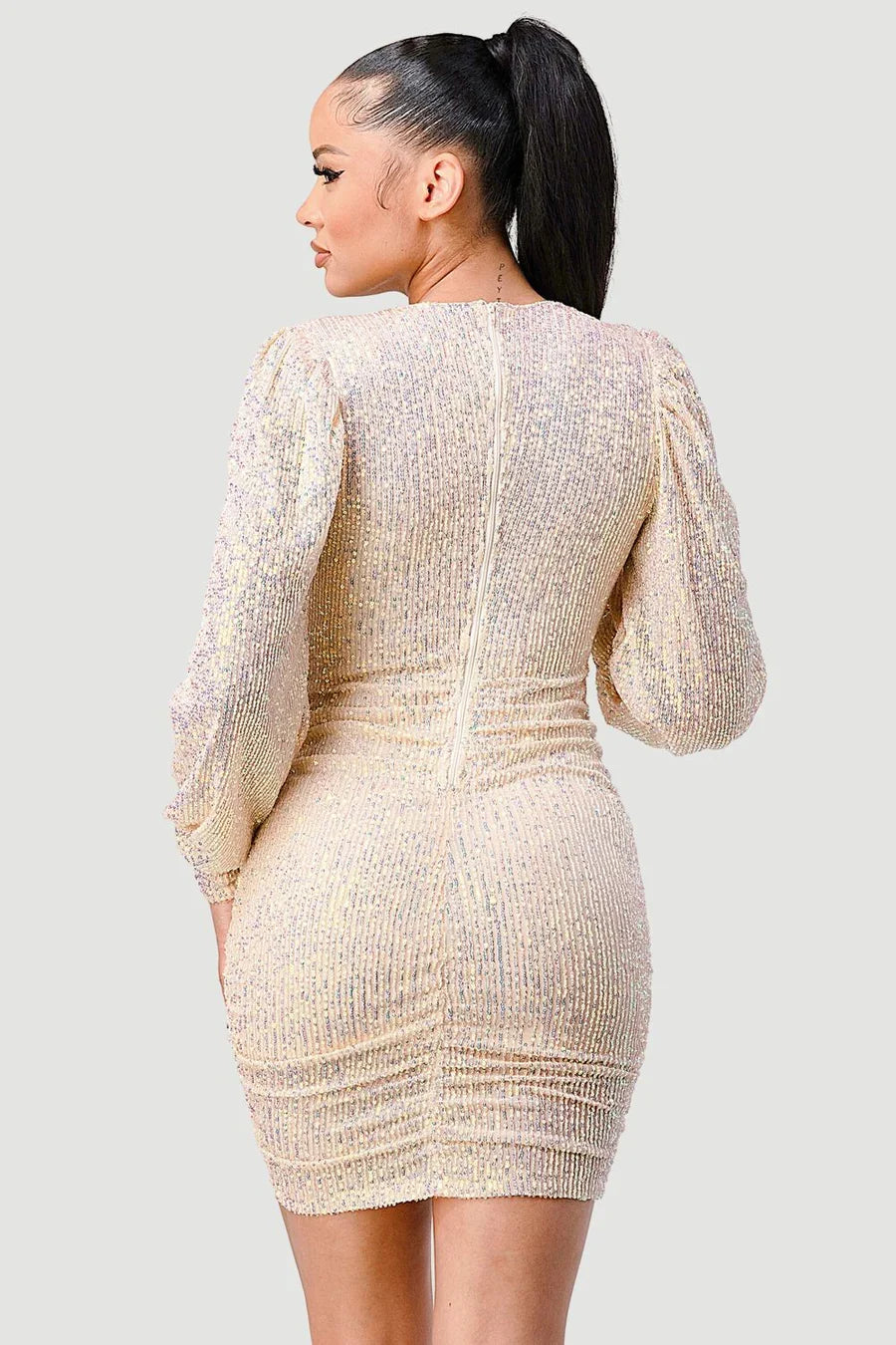 CHIC SEQUIN FRONT DRAWSTRING BISHOP LONG SLEEVE MINI DRESS