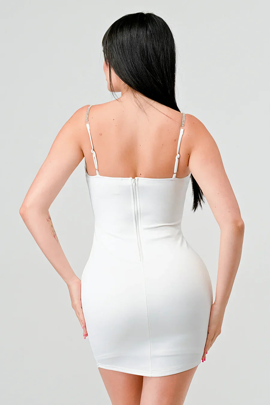 LUX TECHNO EMBELLISHED STRAP BODYCON MINI DRESS