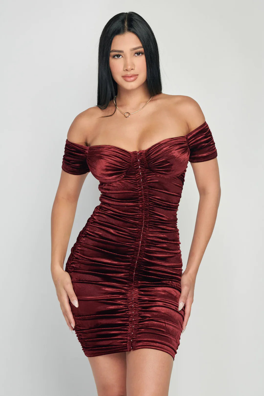 Shiny Velvet Off-Shoulder Ruched Mini Dress