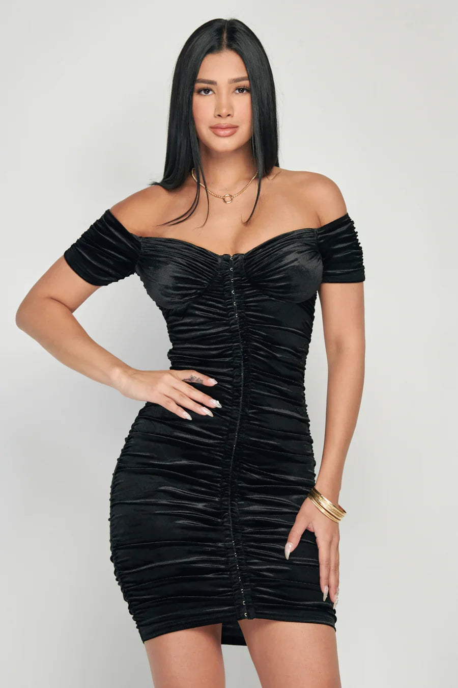 Shiny Velvet Off-Shoulder Ruched Mini Dress