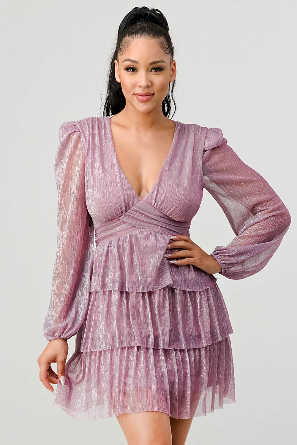 Lux Fantasy Glitter Mini Dress - Deep V-Neck & Tiered Ruffle Skirt