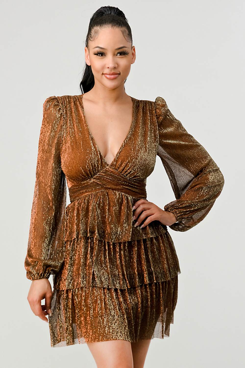 Lux Fantasy Glitter Mini Dress - Deep V-Neck & Tiered Ruffle Skirt
