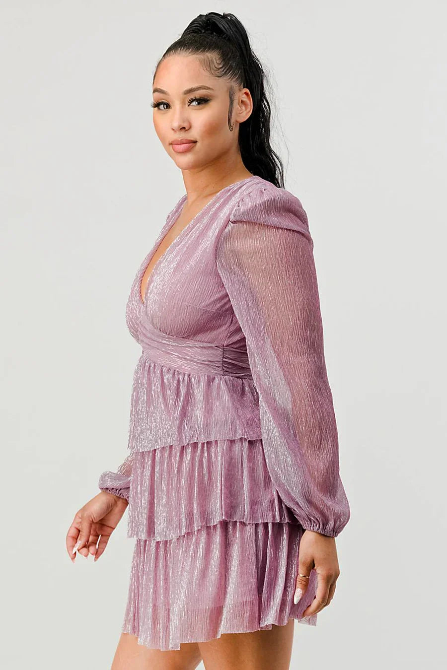 Lux Fantasy Glitter Mini Dress - Deep V-Neck & Tiered Ruffle Skirt
