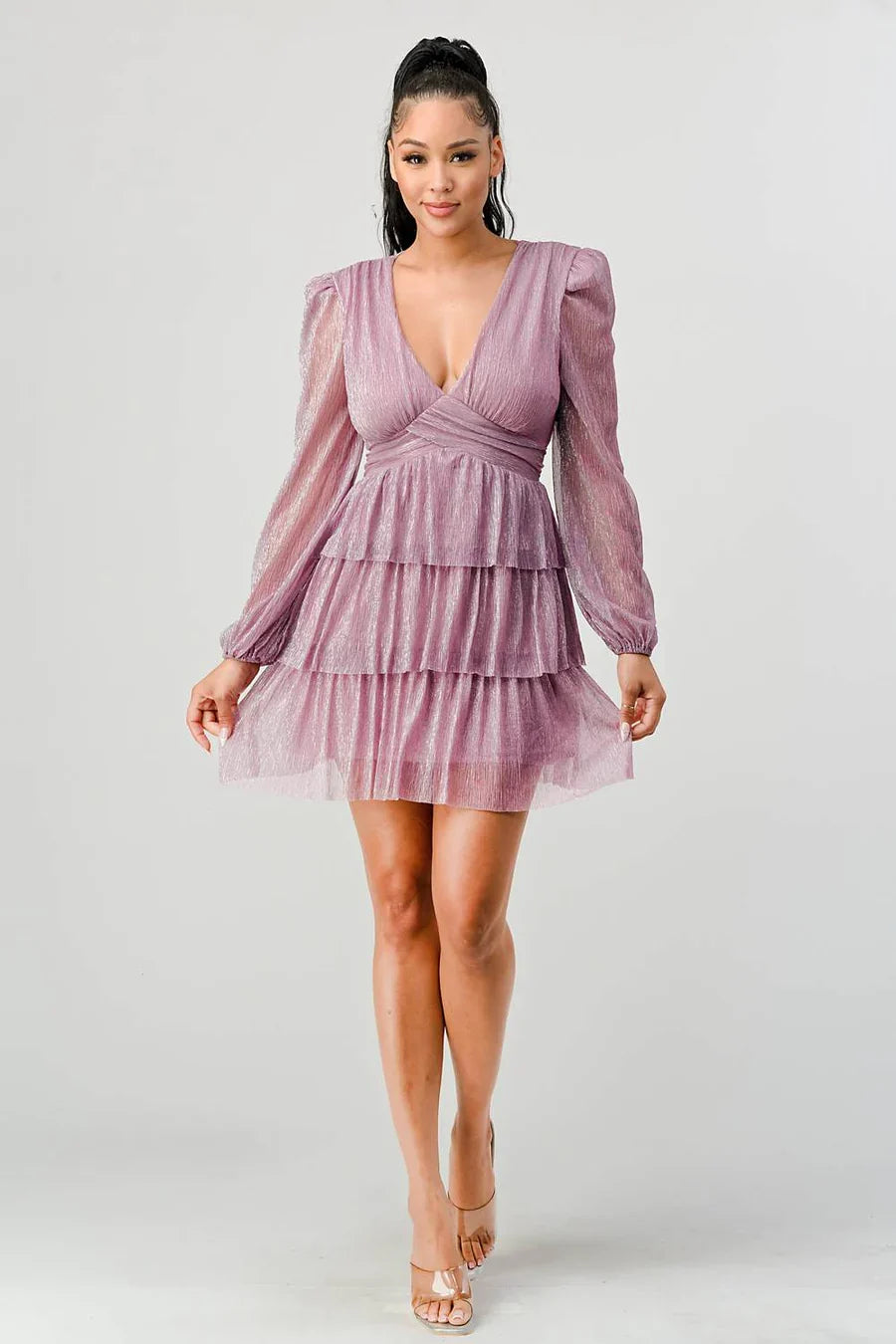 Lux Fantasy Glitter Mini Dress - Deep V-Neck & Tiered Ruffle Skirt