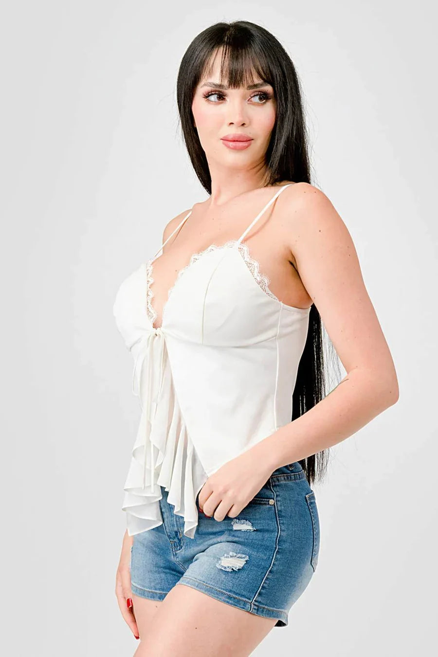 LACE TRIM SWEETHEART DRAWSTRING BOW TIE RUFFLED DRAPED CAMI TOP