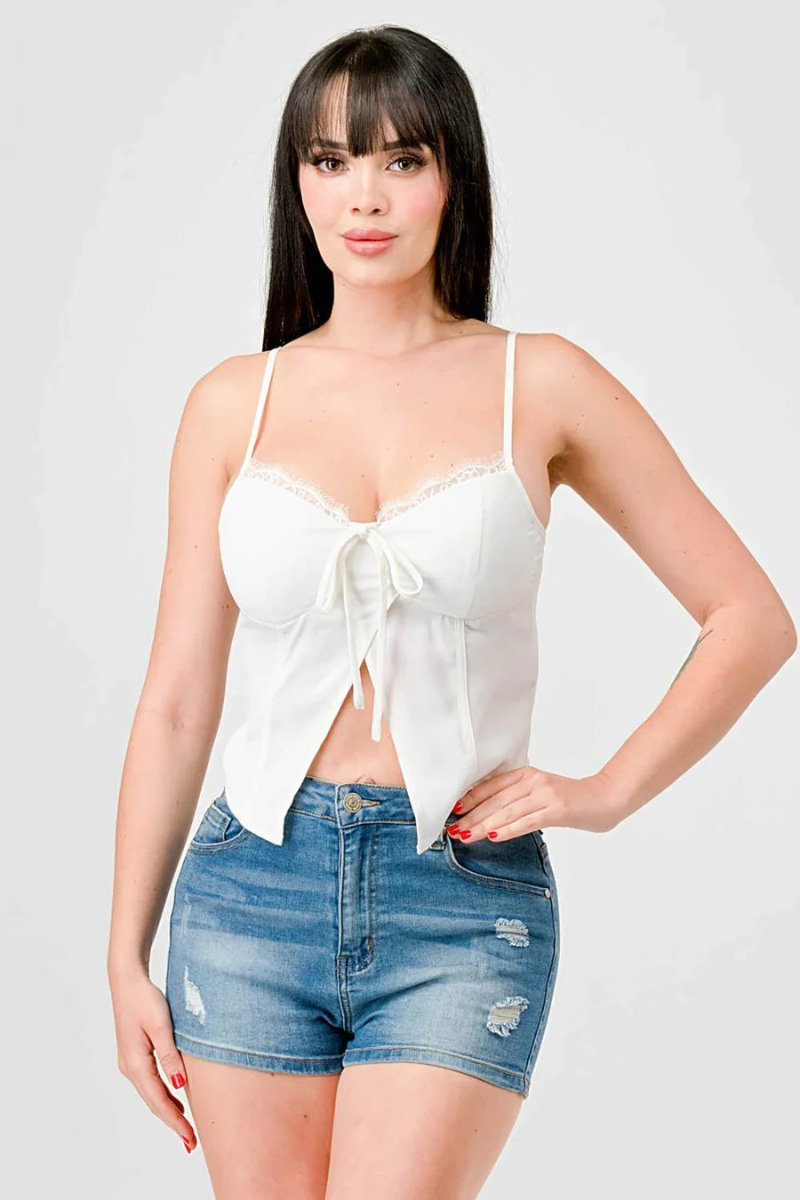 LUXE LACE TRIM SWEETHEART DRAWSTRING BOW ZIPPER CLOSURE BACK CAMI TOP