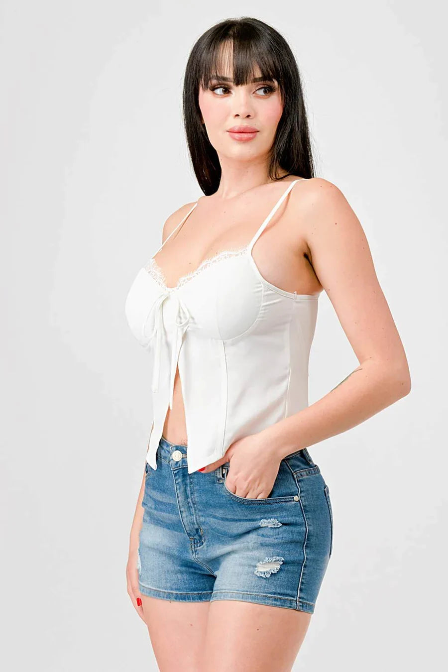 LUXE LACE TRIM SWEETHEART DRAWSTRING BOW ZIPPER CLOSURE BACK CAMI TOP