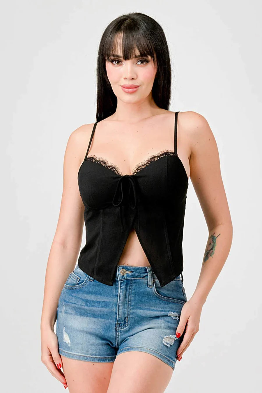 LUXE LACE TRIM SWEETHEART DRAWSTRING BOW ZIPPER CLOSURE BACK CAMI TOP