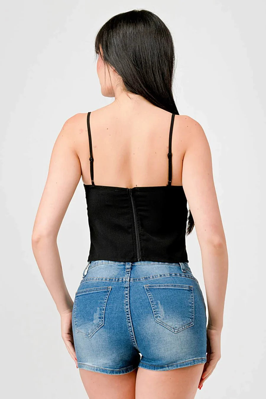 LUXE LACE TRIM SWEETHEART DRAWSTRING BOW ZIPPER CLOSURE BACK CAMI TOP