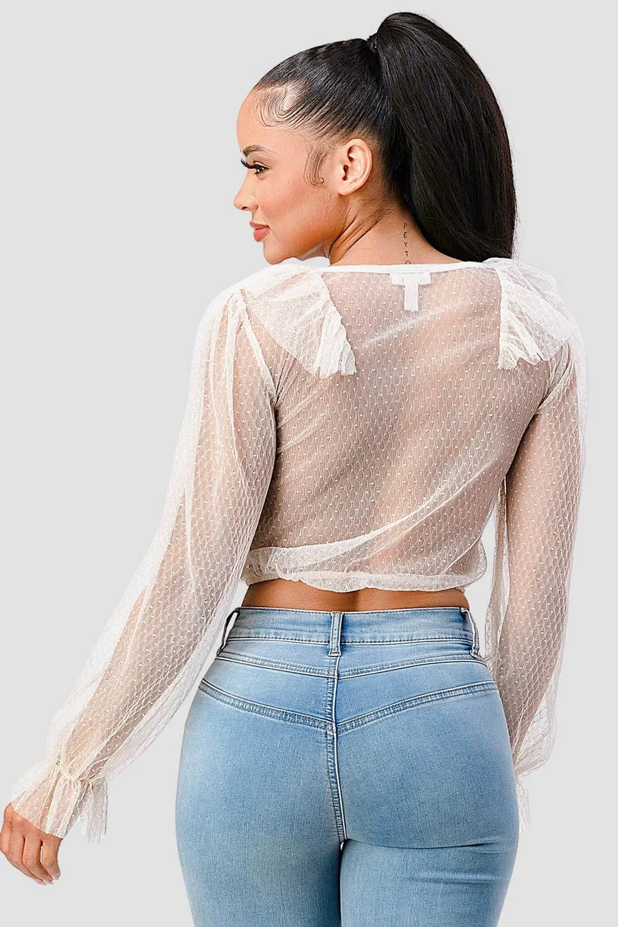 POLKA DOT MESH V-NECK RUFFLE DRAPED DRAWSTRING BOW PUFF LONG SLEEVES CROPPED TOP