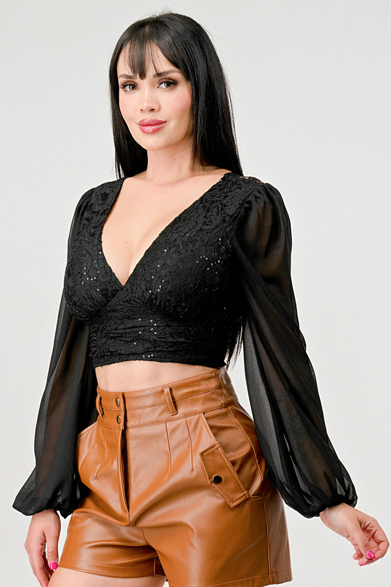 Luxe Lace Sequin Crop Top with Sheer Long Sleeves – Black or White