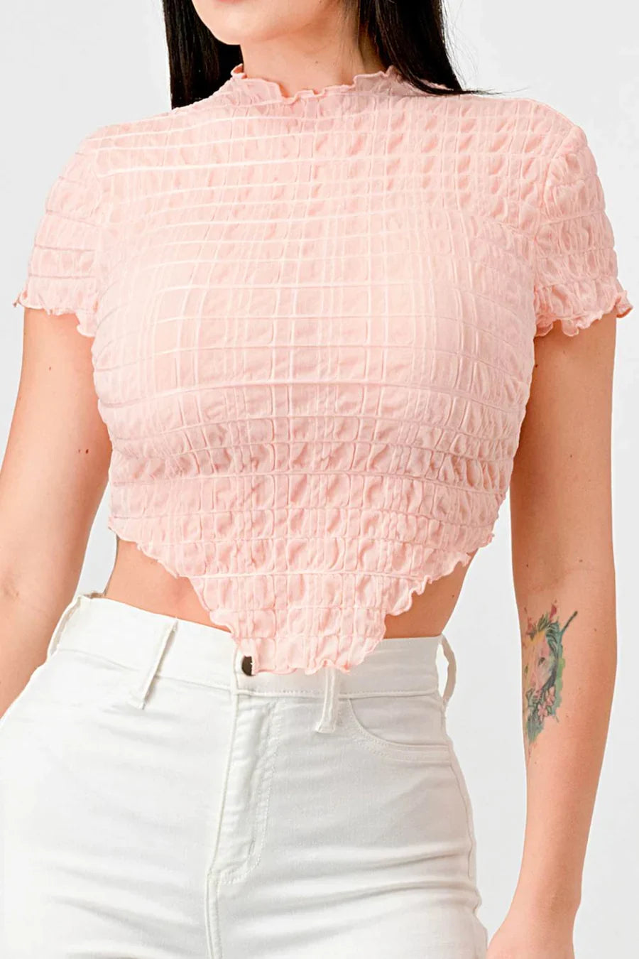 TEXTURED RUFFLED HEM KEYHOLE BACK ASYMMETRICAL CROPPED TOP