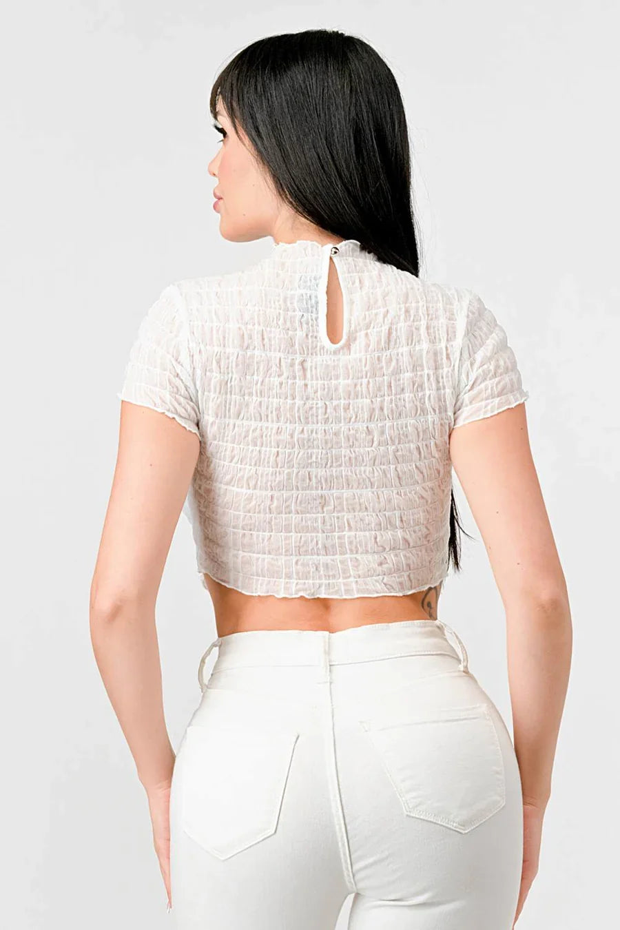 TEXTURED RUFFLED HEM KEYHOLE BACK ASYMMETRICAL CROPPED TOP