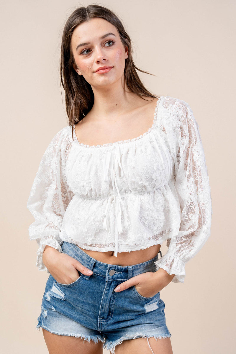 Bella Lace Angelica – 3D Off-Shoulder Floral Blouse in White