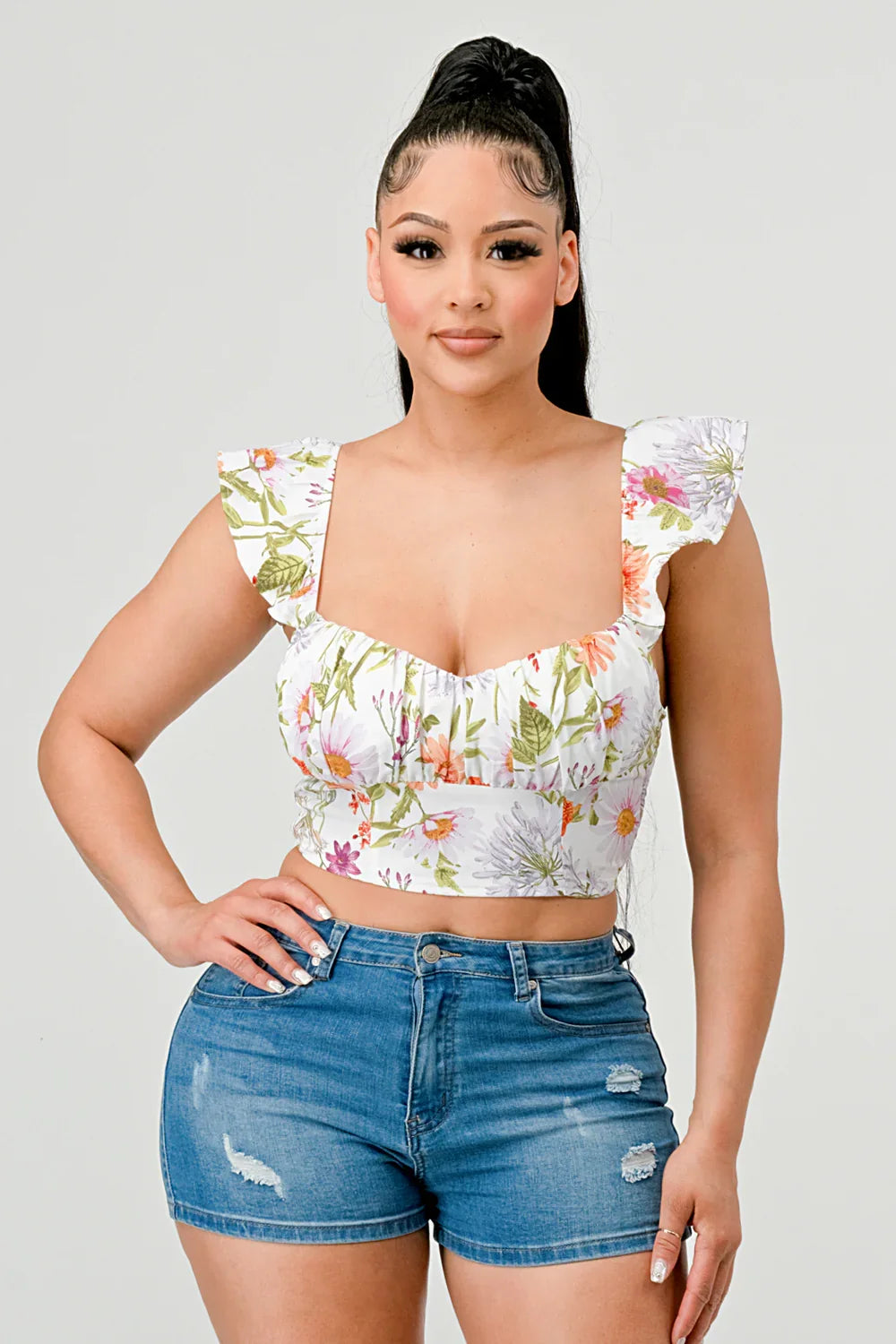 FLORAL SWEETHEART RUCHED FLUTTER SLEEVES CROPPED TOP