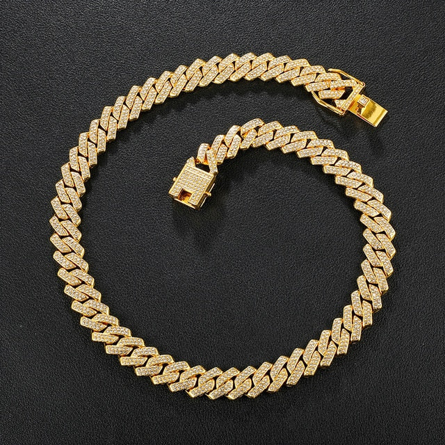 Gold Necklace +Watch+Bracelet Miami Curb Cuban Chain Gold Full Iced Out Paved Rhinestones CZ Bling