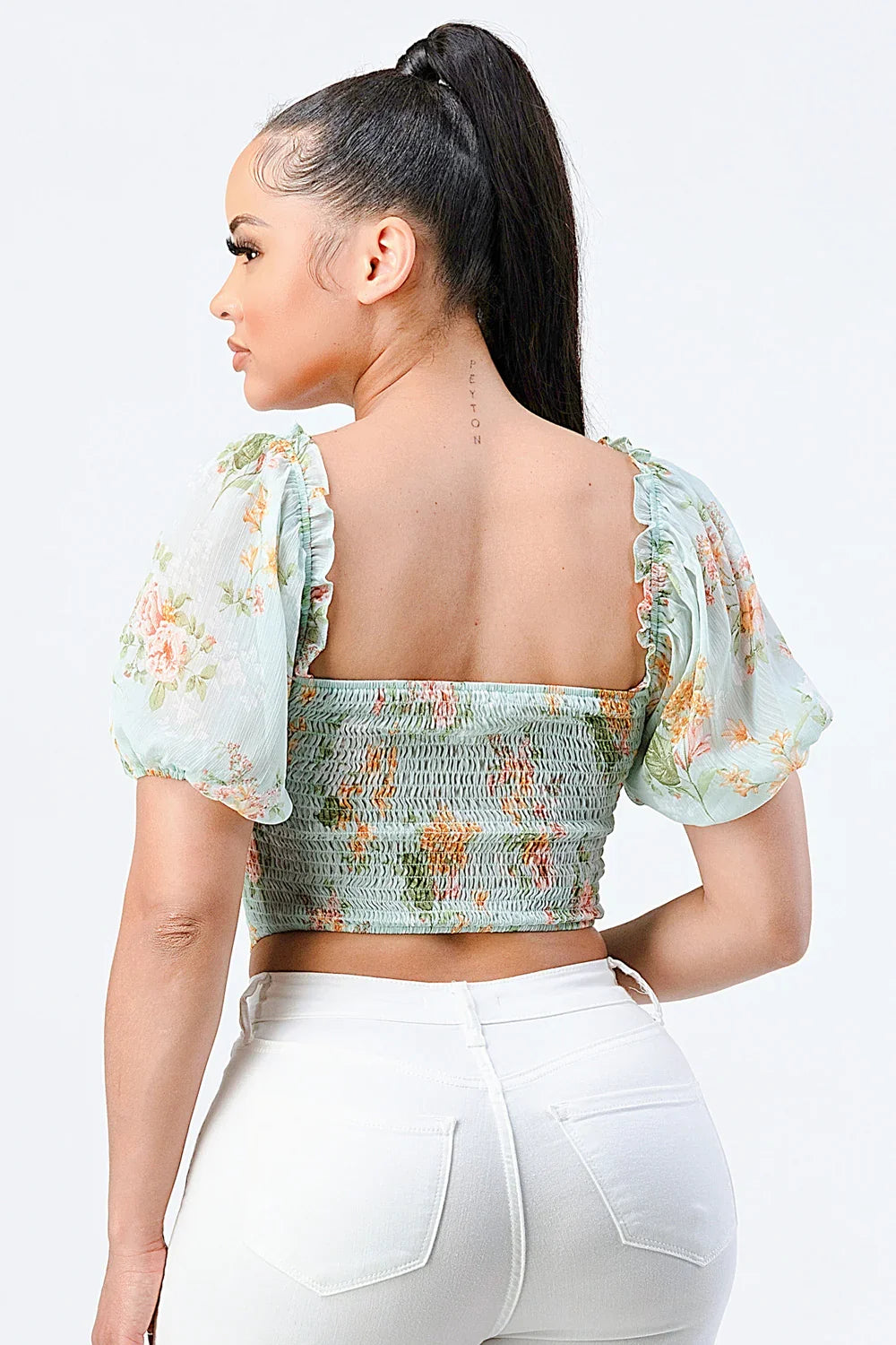FLORAL CHIFFON SMOCKED SWEETHEART TOP