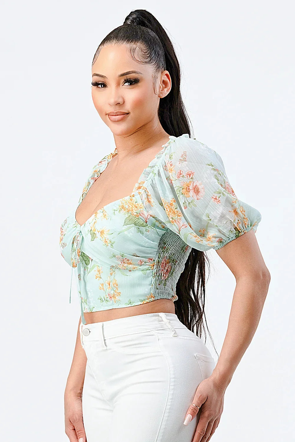 FLORAL CHIFFON SMOCKED SWEETHEART TOP