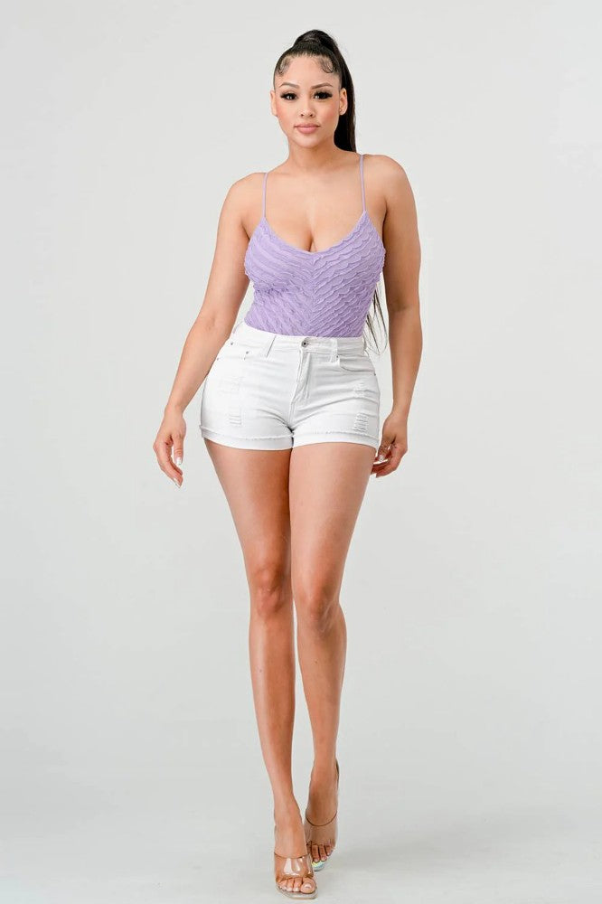 Chevron Ruffle Mesh Cami Bodysuit – Lilac