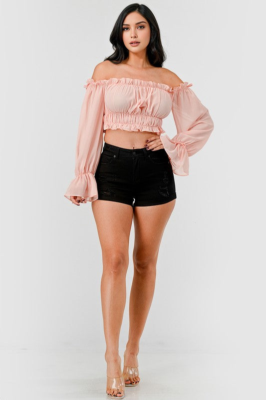 Off Shoulder Ruffle Trim Knot Sleeve Crop Top