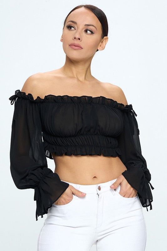 Off Shoulder Ruffle Trim Knot Sleeve Crop Top