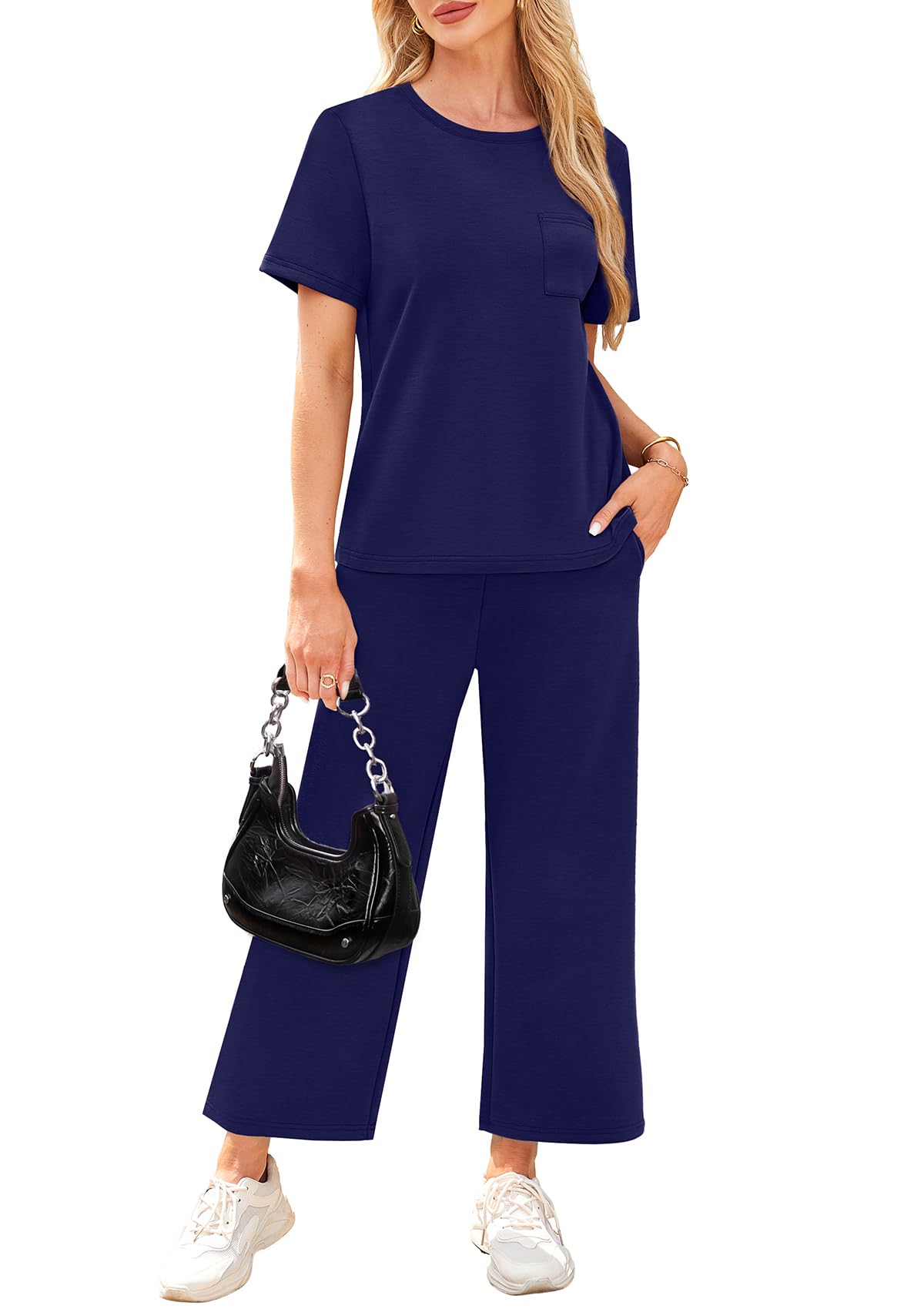 WIHOLL 2 Piece Sets for Women Casual Summer Travel Vacation Outfits Short Sleeve Wide Leg Crop Pants Lounge Sets