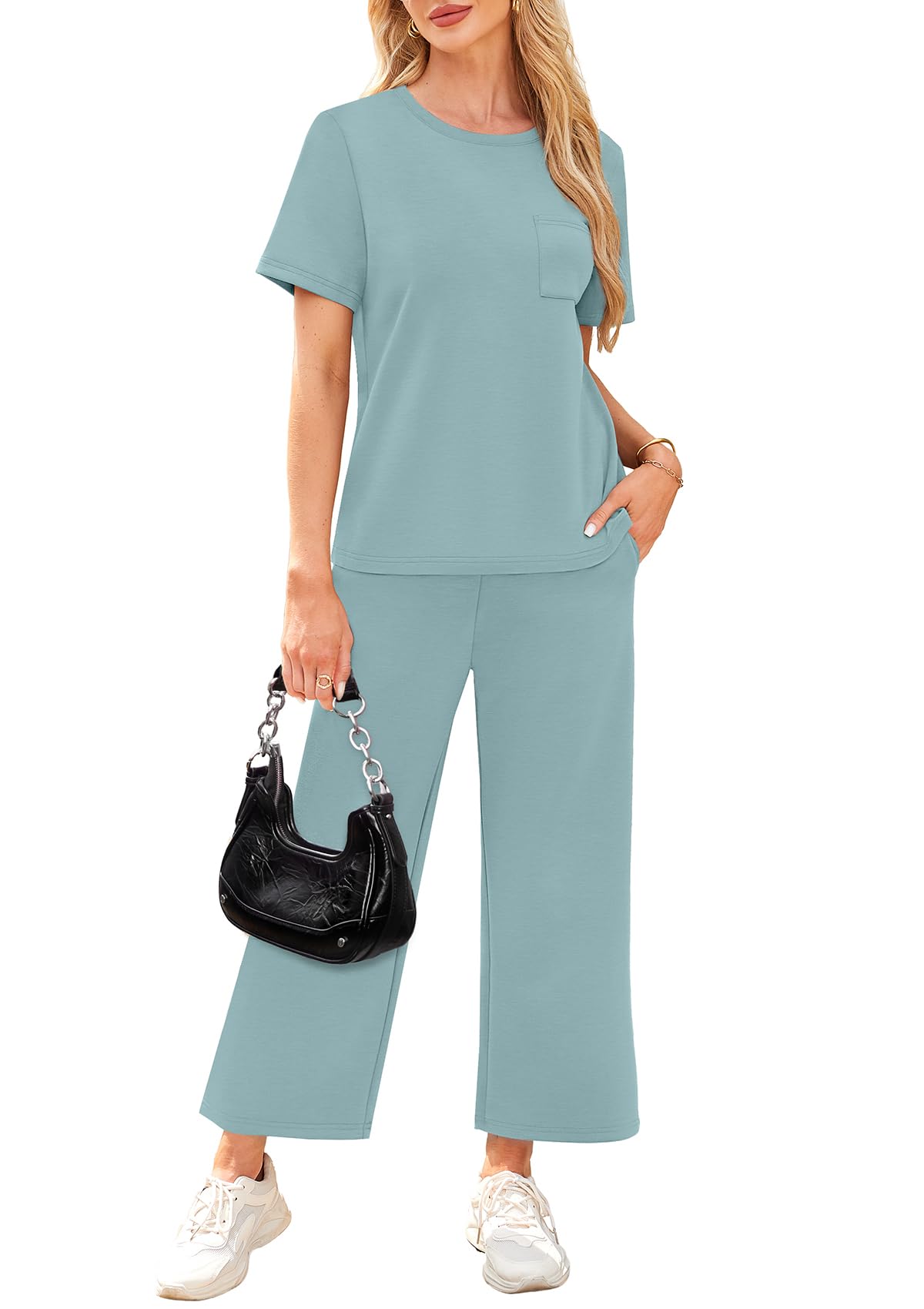 WIHOLL 2 Piece Sets for Women Casual Summer Travel Vacation Outfits Short Sleeve Wide Leg Crop Pants Lounge Sets