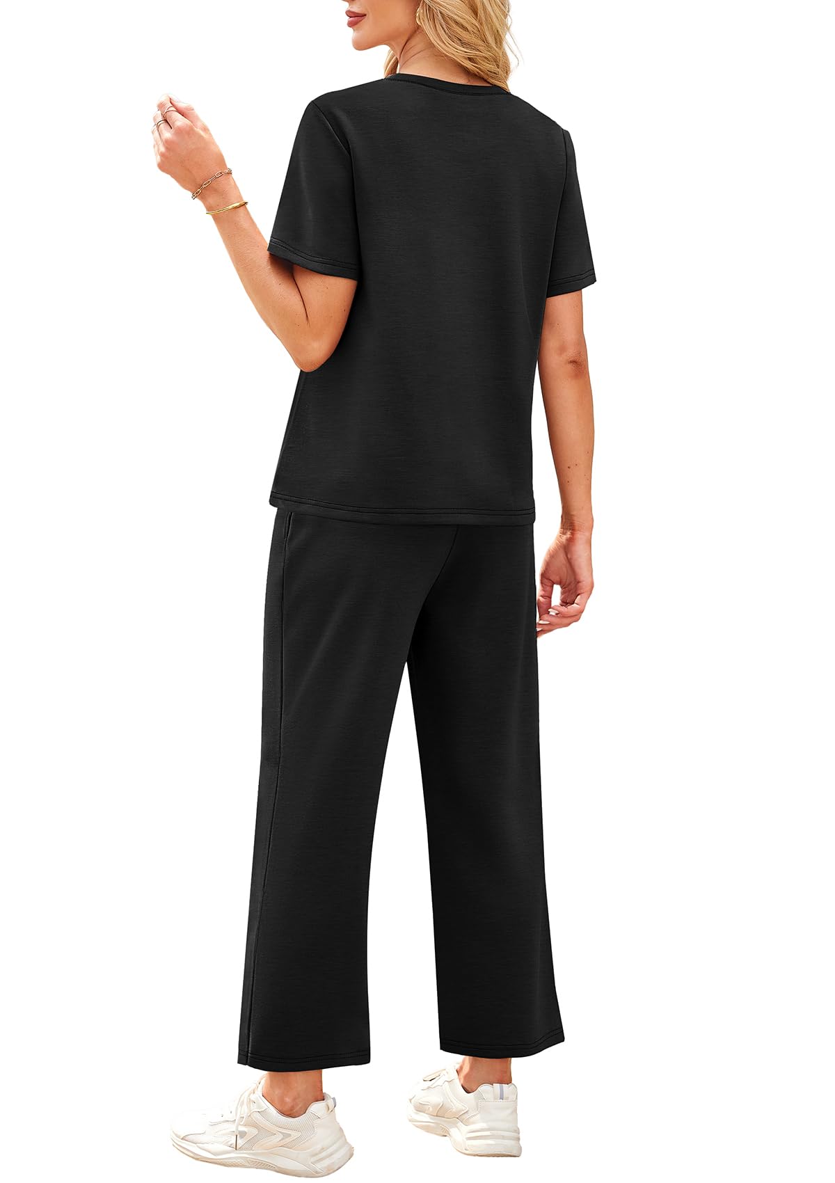 WIHOLL 2 Piece Sets for Women Casual Summer Travel Vacation Outfits Short Sleeve Wide Leg Crop Pants Lounge Sets