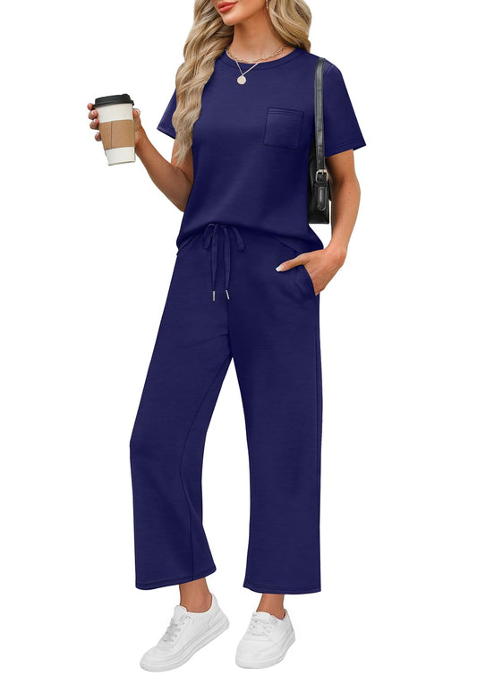 WIHOLL 2 Piece Sets for Women Casual Summer Travel Vacation Outfits Short Sleeve Wide Leg Crop Pants Lounge Sets