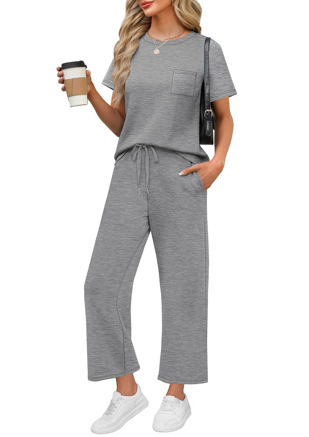 WIHOLL 2 Piece Sets for Women Casual Summer Travel Vacation Outfits Short Sleeve Wide Leg Crop Pants Lounge Sets