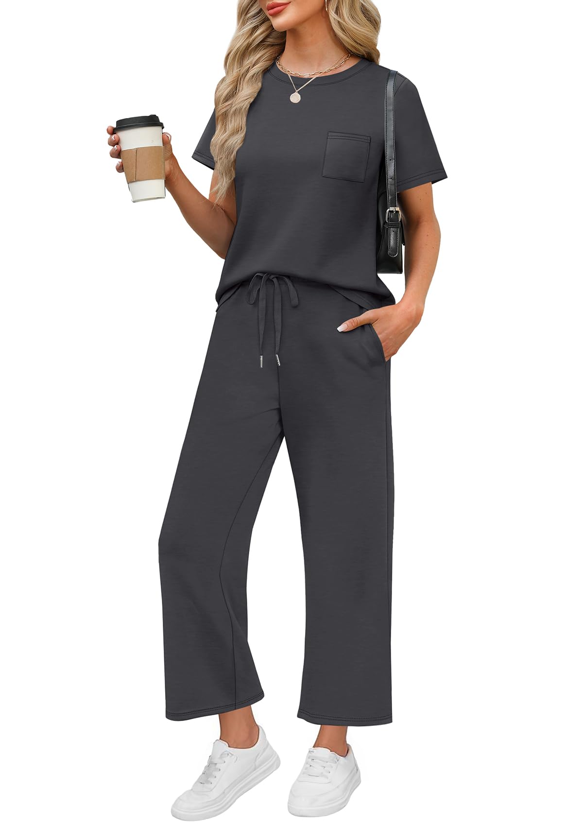 WIHOLL 2 Piece Sets for Women Casual Summer Travel Vacation Outfits Short Sleeve Wide Leg Crop Pants Lounge Sets