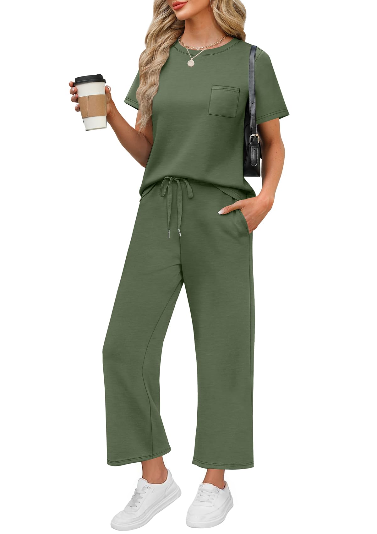 WIHOLL 2 Piece Sets for Women Casual Summer Travel Vacation Outfits Short Sleeve Wide Leg Crop Pants Lounge Sets