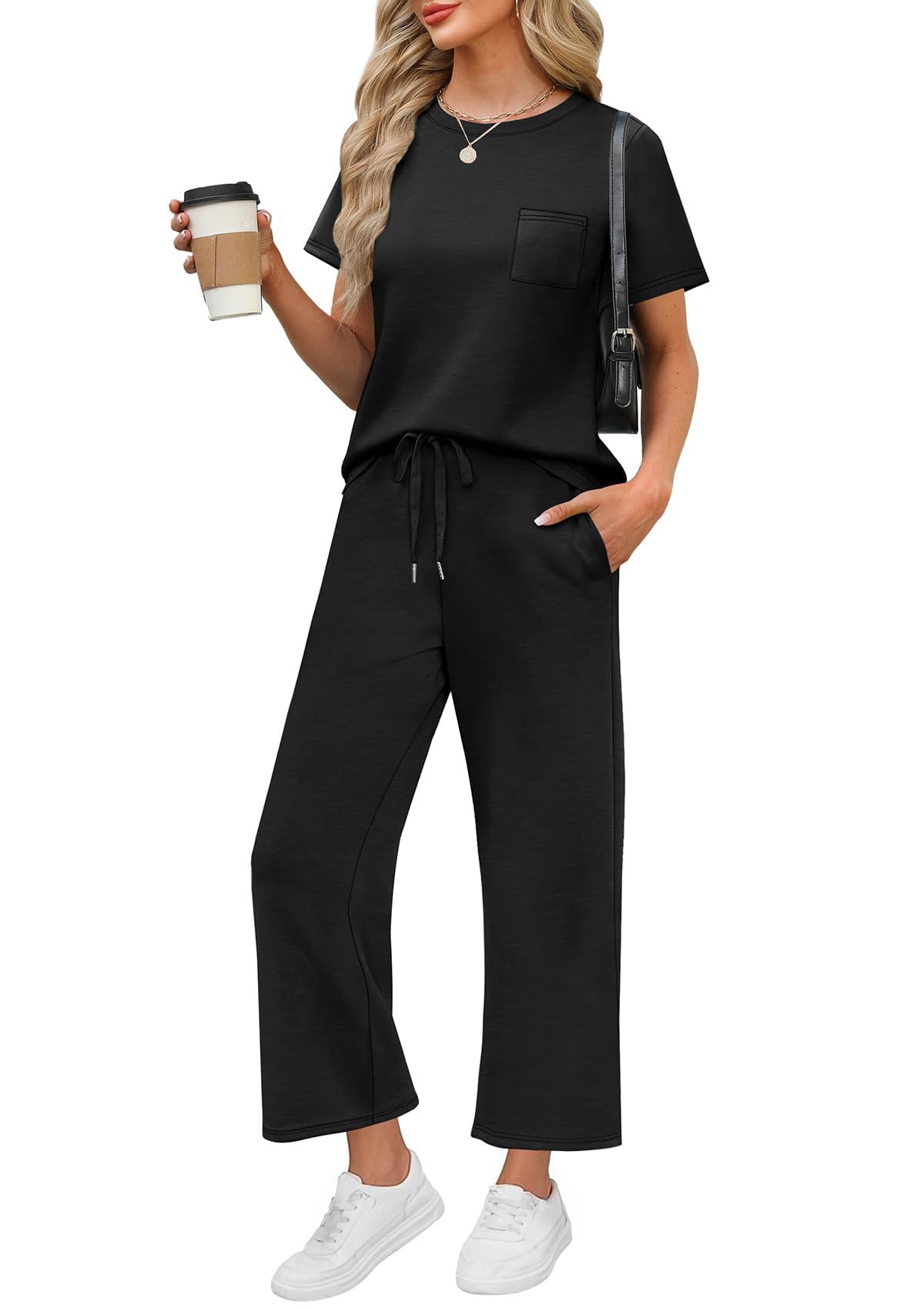 WIHOLL 2 Piece Sets for Women Casual Summer Travel Vacation Outfits Short Sleeve Wide Leg Crop Pants Lounge Sets