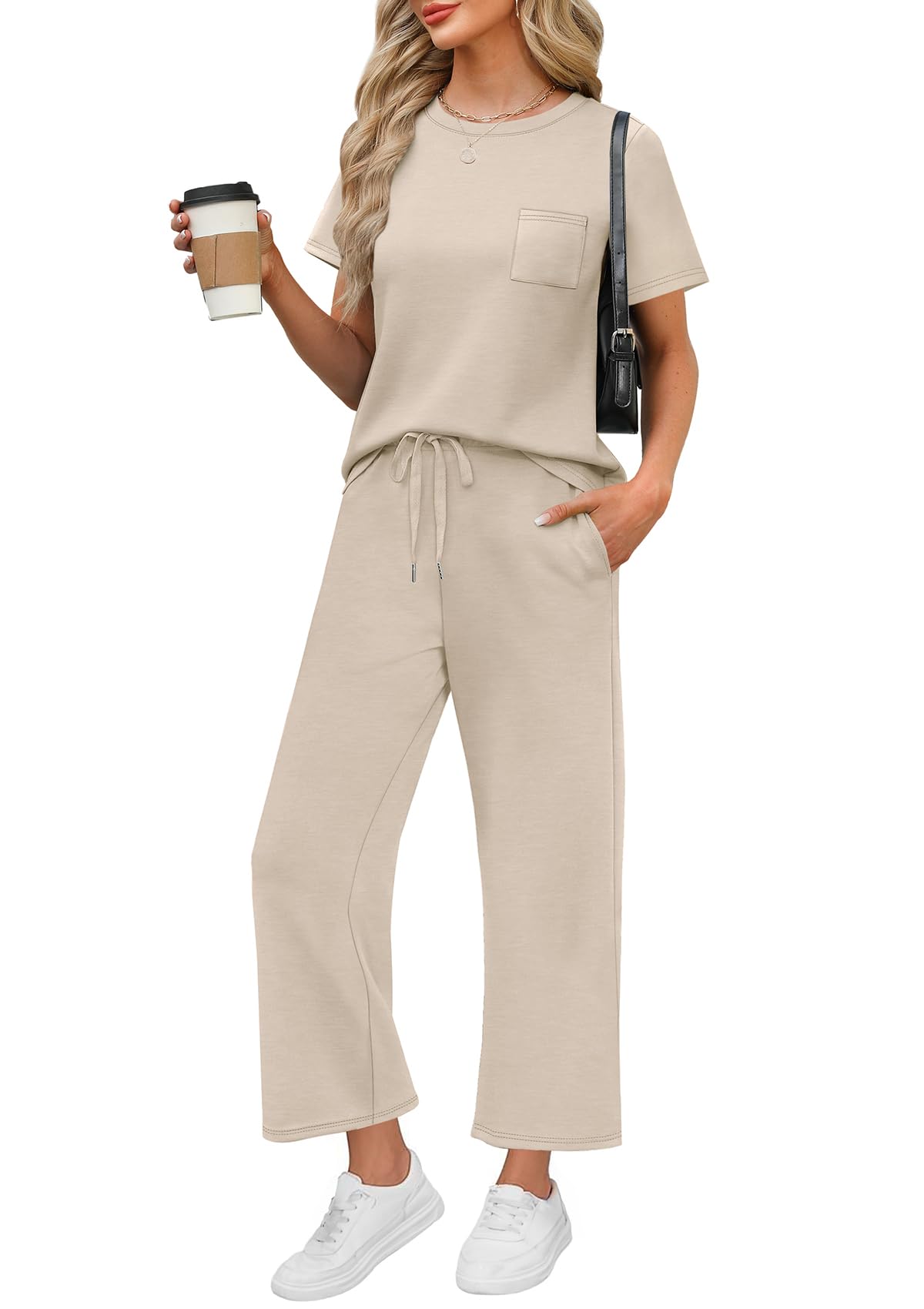 WIHOLL 2 Piece Sets for Women Casual Summer Travel Vacation Outfits Short Sleeve Wide Leg Crop Pants Lounge Sets