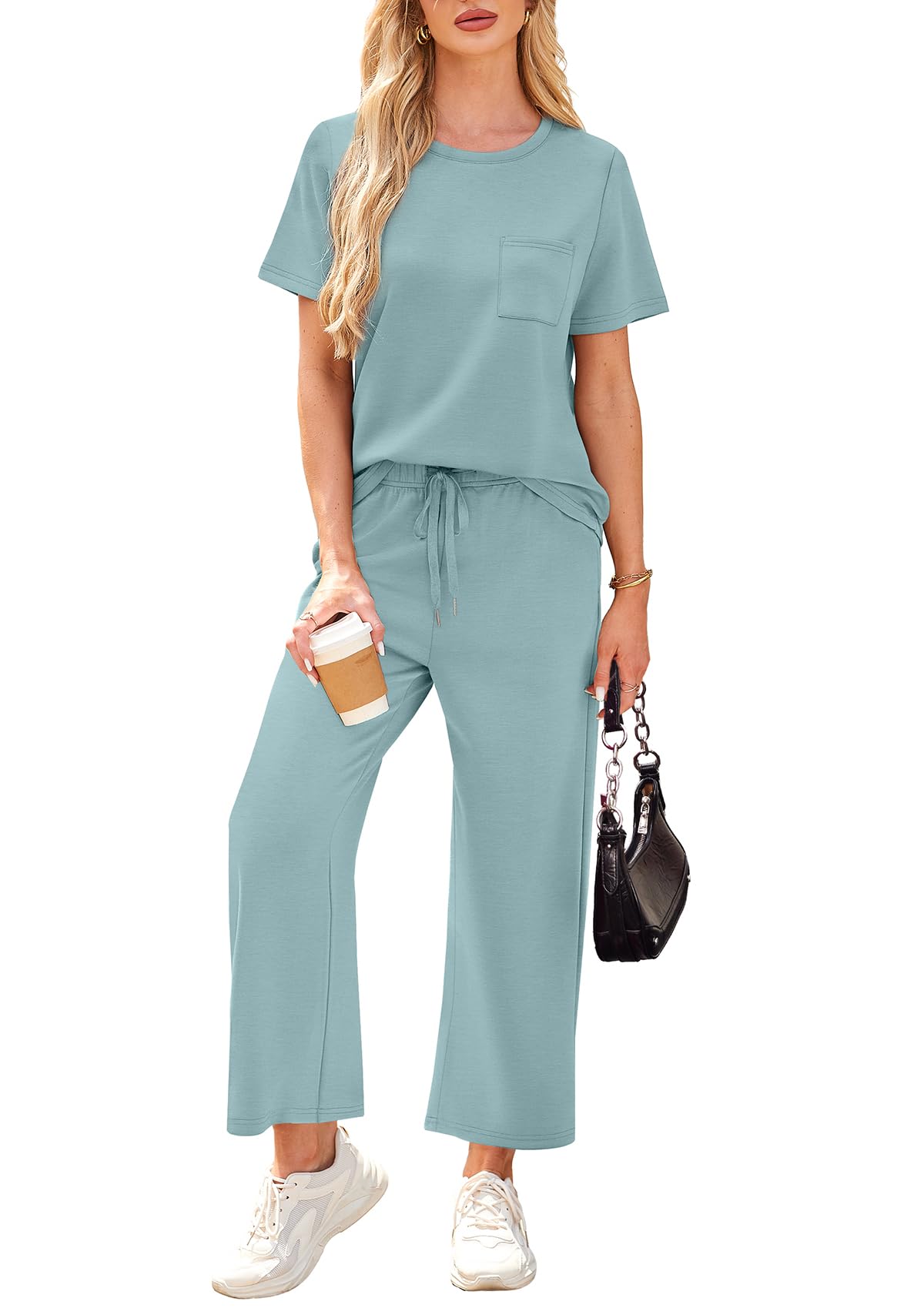 WIHOLL 2 Piece Sets for Women Casual Summer Travel Vacation Outfits Short Sleeve Wide Leg Crop Pants Lounge Sets