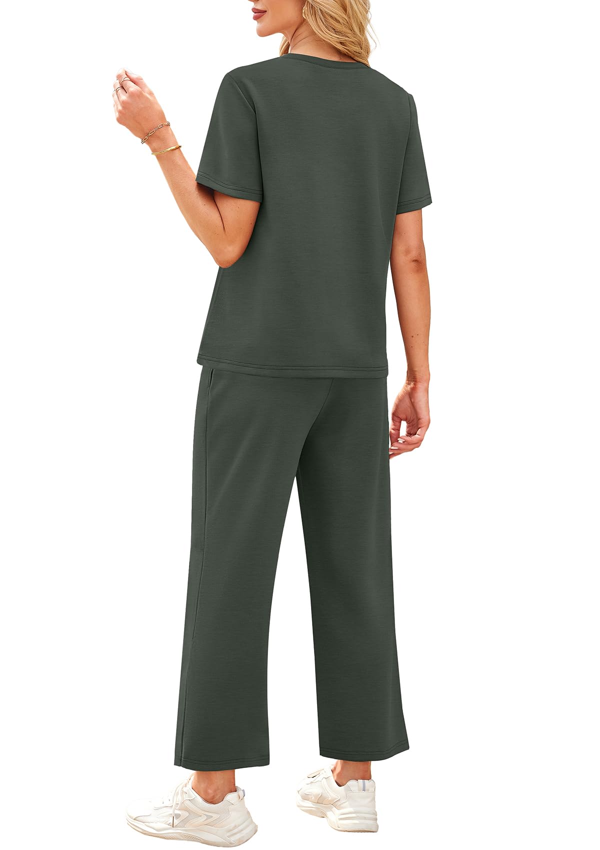 WIHOLL 2 Piece Sets for Women Casual Summer Travel Vacation Outfits Short Sleeve Wide Leg Crop Pants Lounge Sets