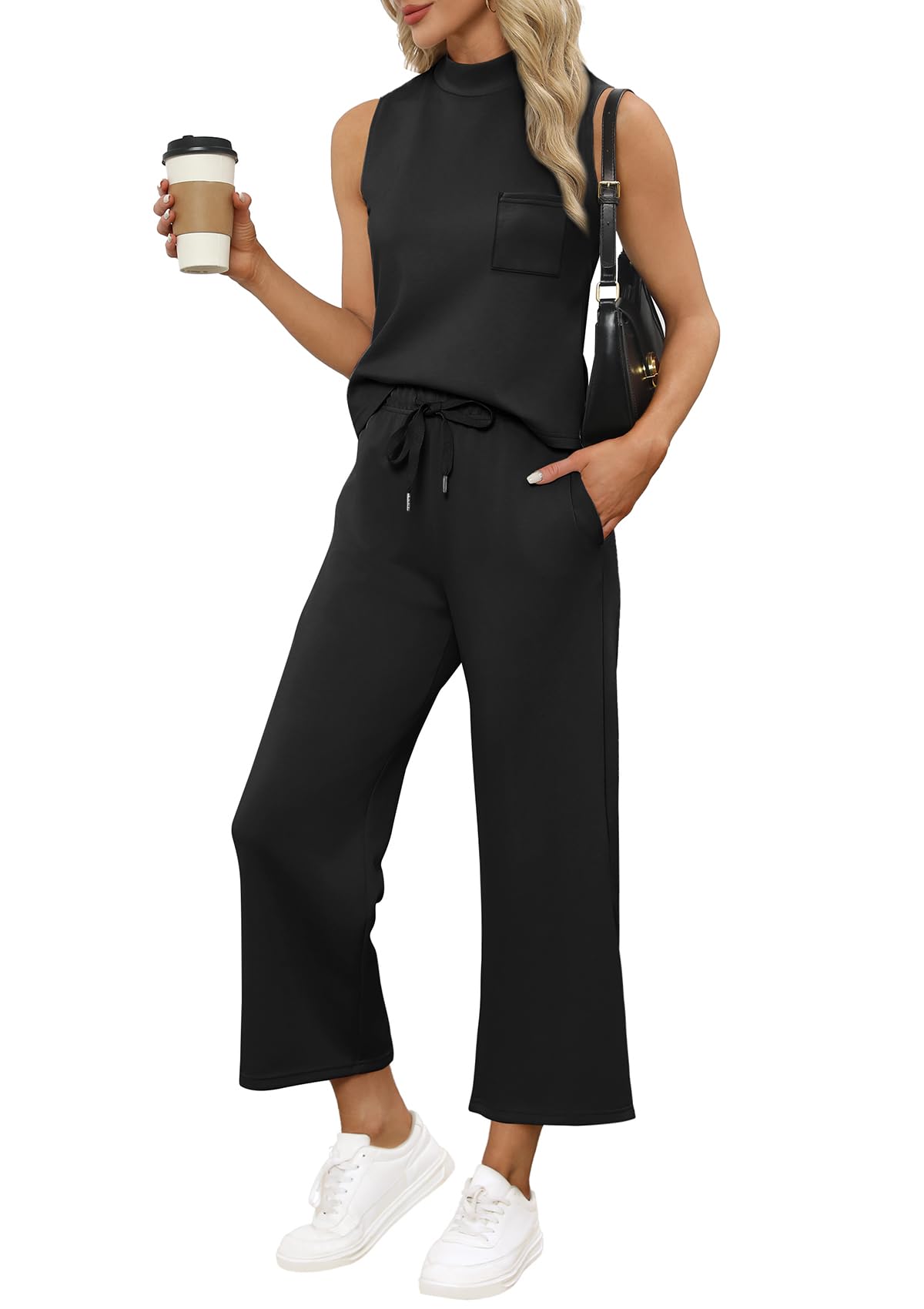 WIHOLL 2 Piece Sets for Women Summer Travel Vacation Outfits Casual Mock Neck Wide Leg Crop Pants Lounge Sets