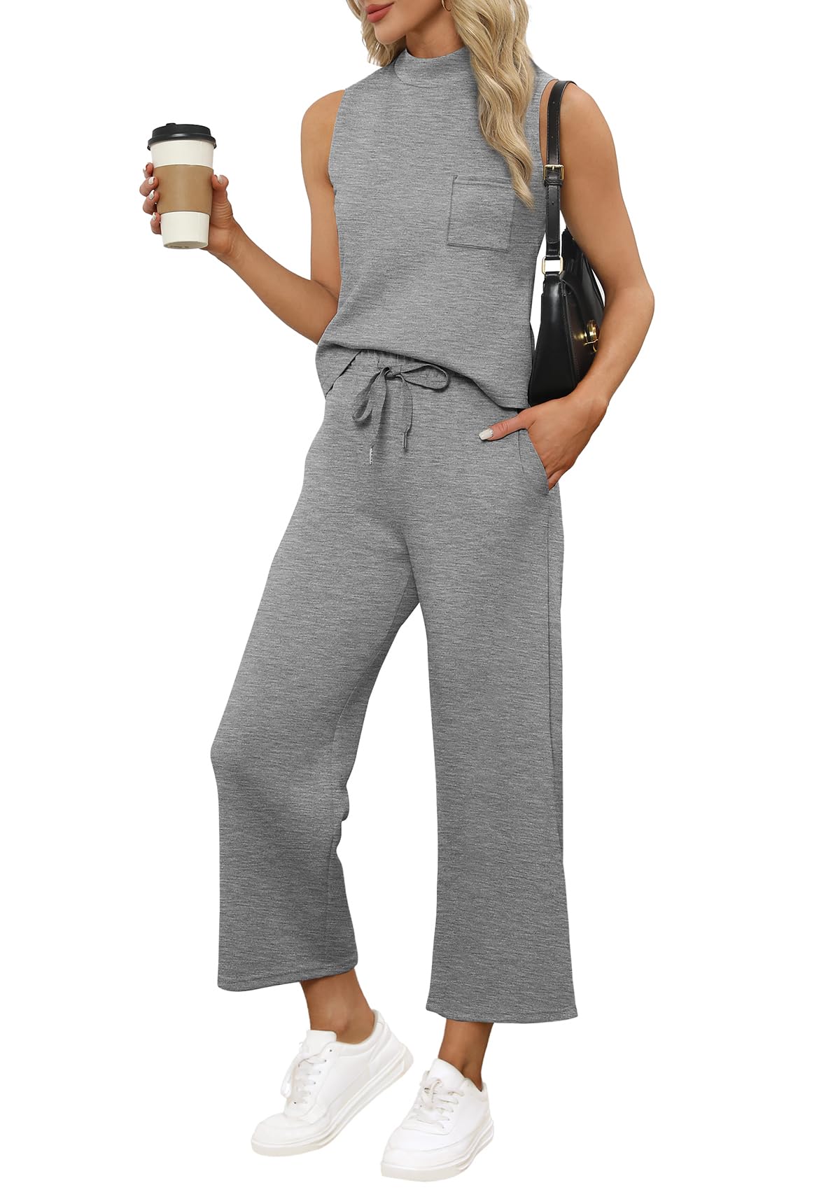 WIHOLL 2 Piece Sets for Women Summer Travel Vacation Outfits Casual Mock Neck Wide Leg Crop Pants Lounge Sets