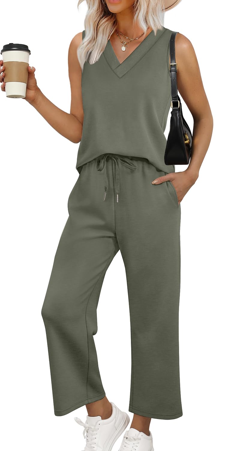 WIHOLL Two Piece Sets for Women Summer Outfits Matching Lounge Sets Wide Leg Crop Pants Vacation Travel