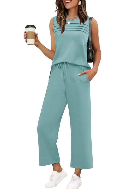 WIHOLL Two Piece Sets for Women Summer Outfits Matching Lounge Sets Wide Leg Crop Pants Vacation Travel