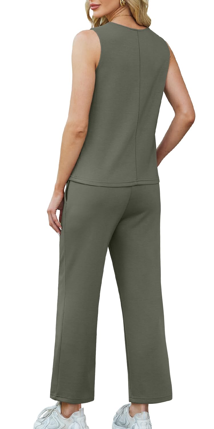 WIHOLL Two Piece Sets for Women Summer Outfits Matching Lounge Sets Wide Leg Crop Pants Vacation Travel