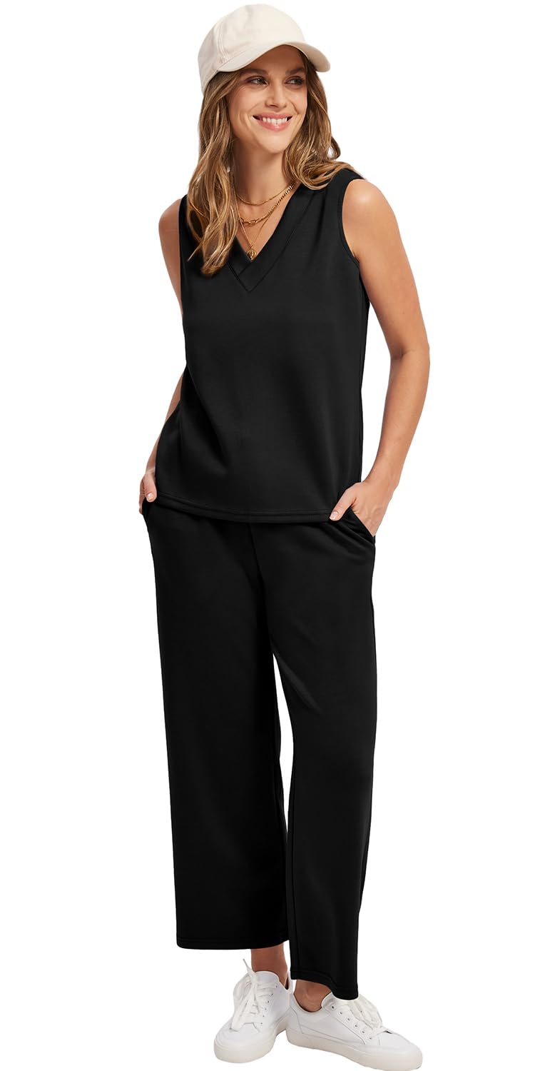 WIHOLL Two Piece Sets for Women Summer Outfits Matching Lounge Sets Wide Leg Crop Pants Vacation Travel