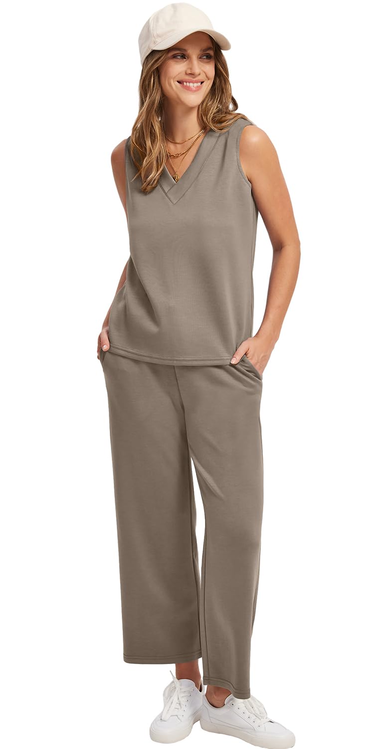 WIHOLL Two Piece Sets for Women Summer Outfits Matching Lounge Sets Wide Leg Crop Pants Vacation Travel