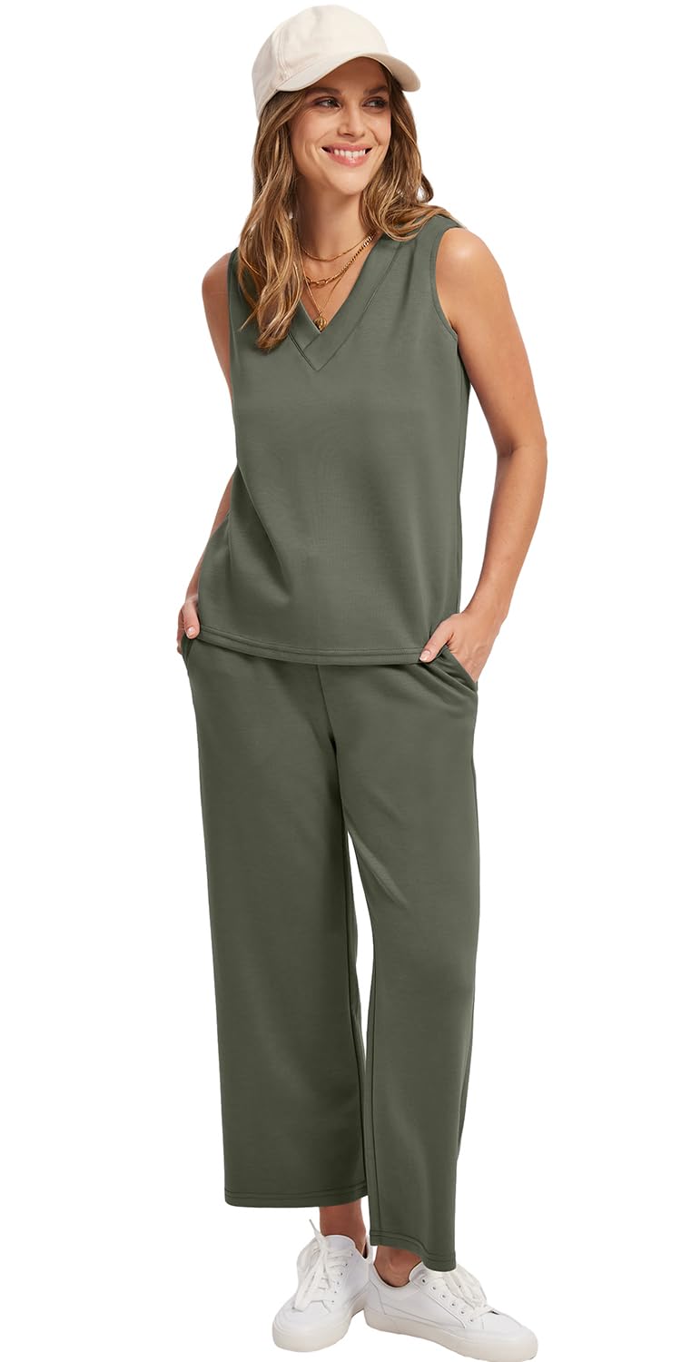 WIHOLL Two Piece Sets for Women Summer Outfits Matching Lounge Sets Wide Leg Crop Pants Vacation Travel