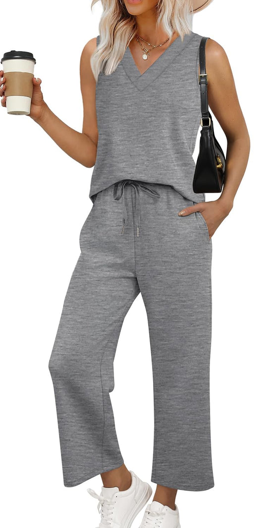 WIHOLL Two Piece Sets for Women Summer Outfits Matching Lounge Sets Wide Leg Crop Pants Vacation Travel